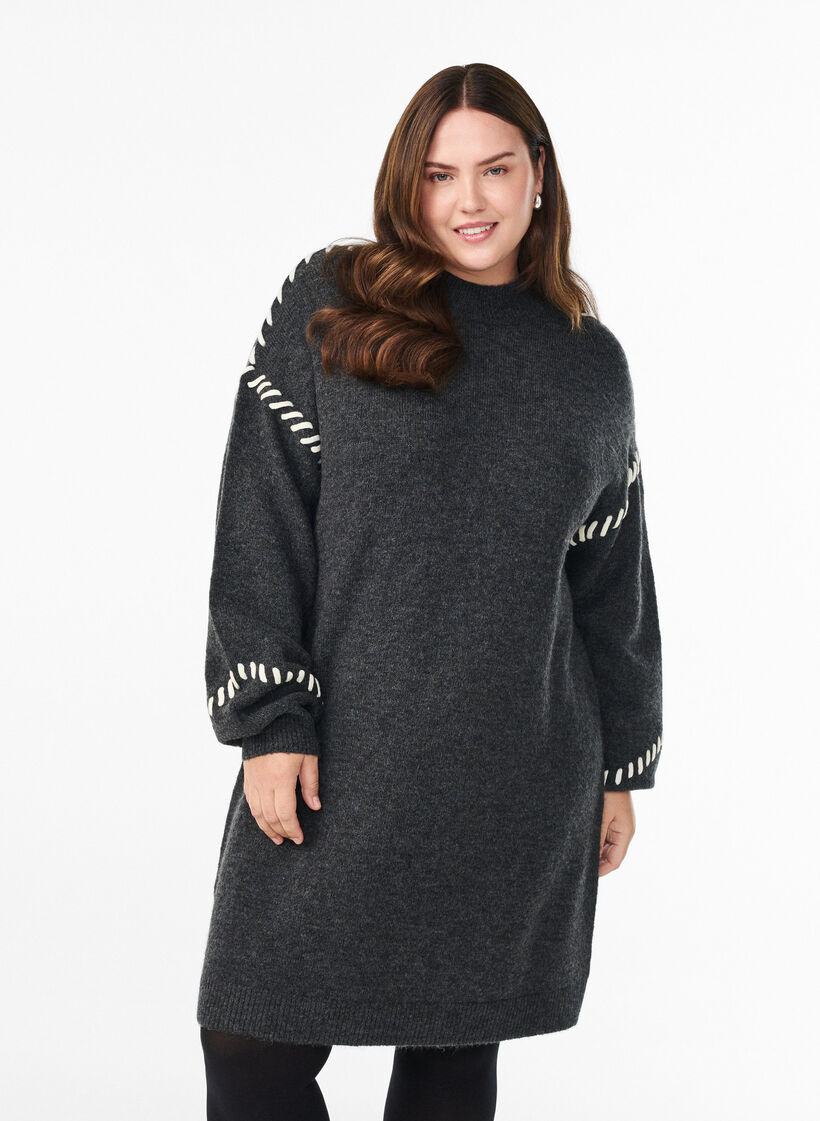 Strikkekjole med kontrastsømmer, Grå, Model image number 0