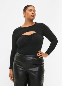Cut-out bluse med lange ermer, Black, Model