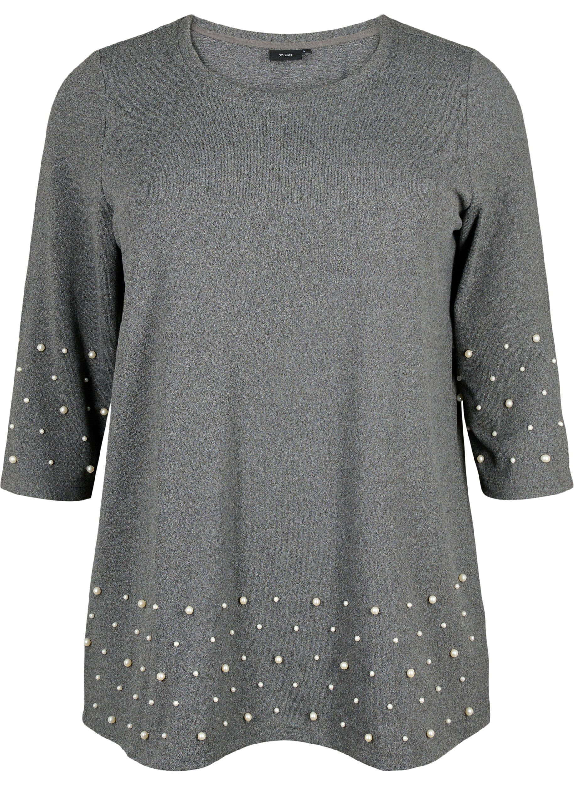 Zizzi Bluse med perler og 3/4-ermer, Dark Grey Melange, Packshot image number 0