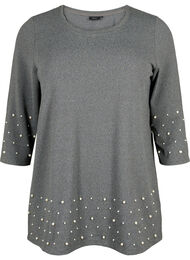 Bluse med perler og 3/4-ermer, Dark Grey Melange