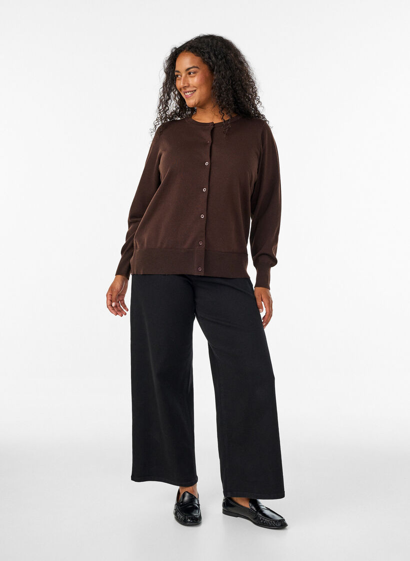 Finstrikket cardigan med rund hals, Brun, Model image number 1