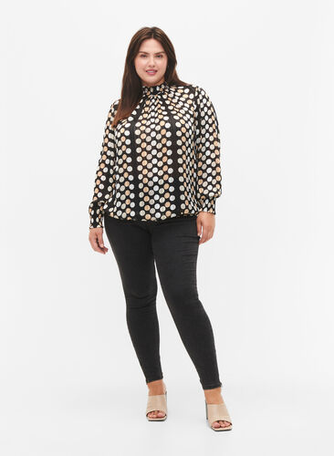 Mønstrete bluse med smock, Black Dots AOP, Model image number 2