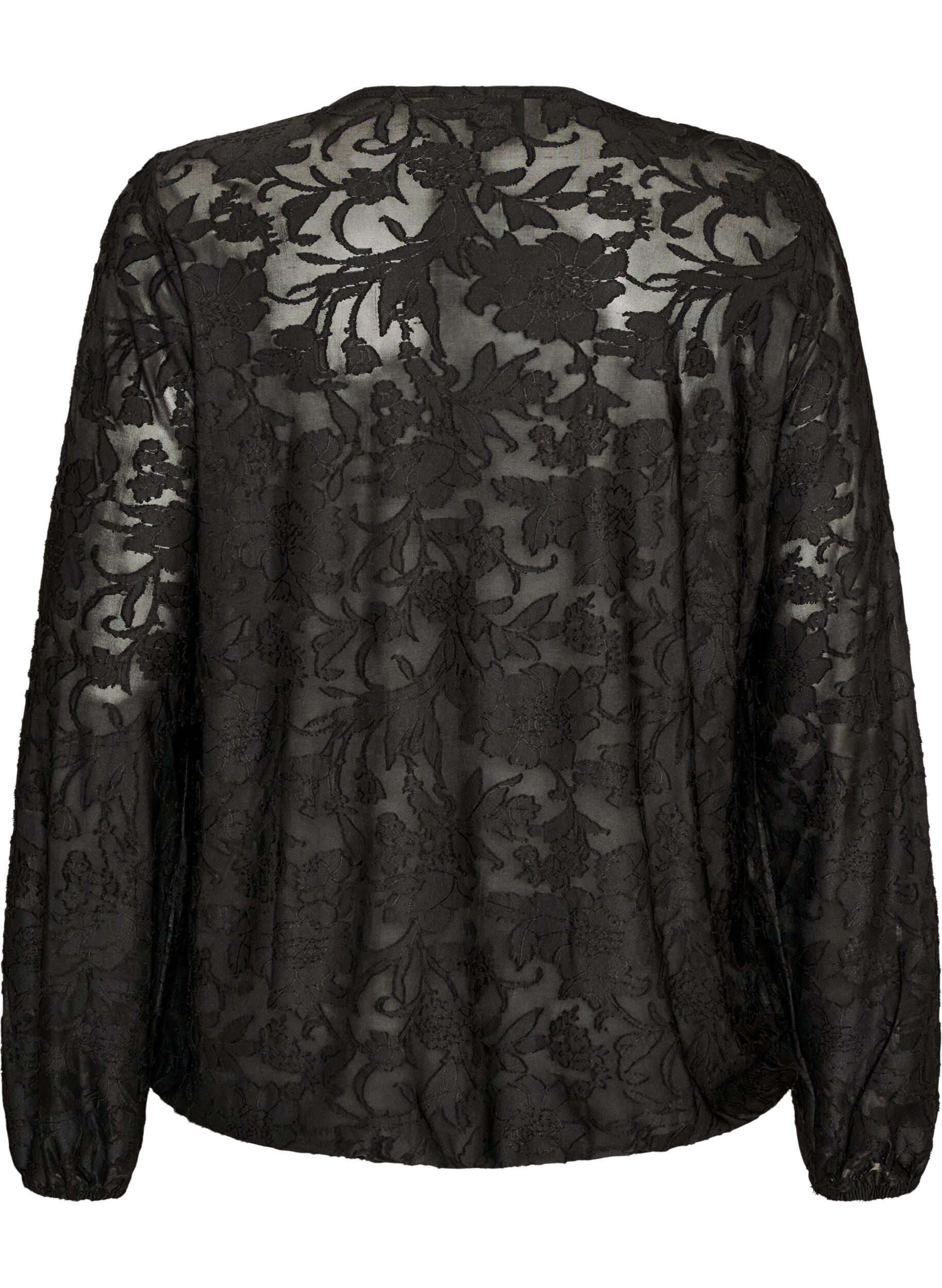 ZizziGjennomsiktig bluse med blomstertekstur og lange ermer, Svart, Packshot image number 1