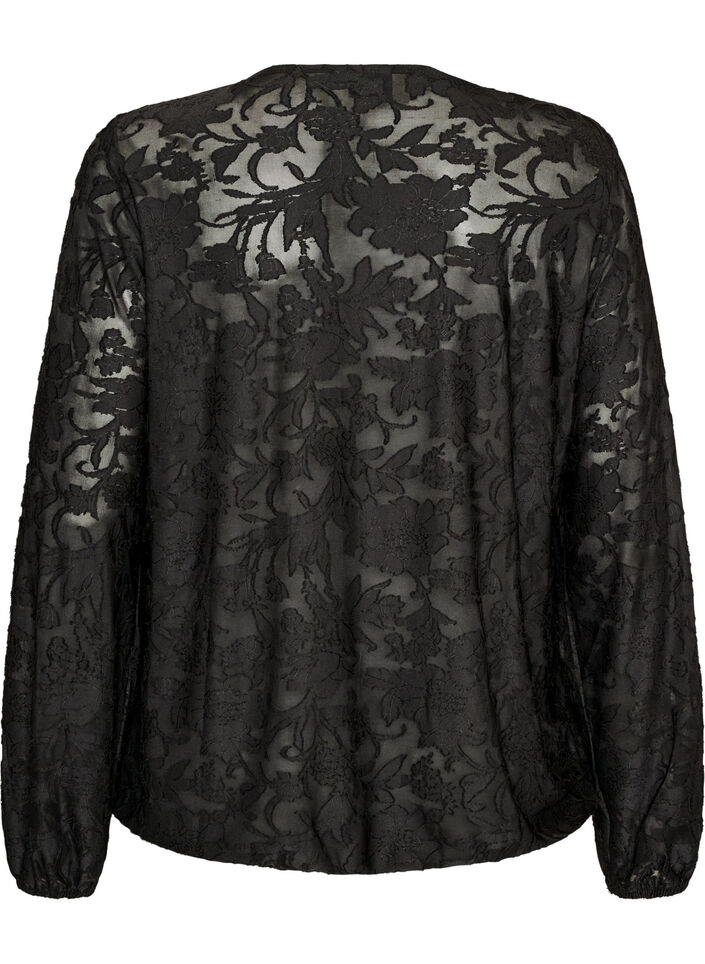 Gjennomsiktig bluse med blomstertekstur og lange ermer, Svart, Packshot image number 1