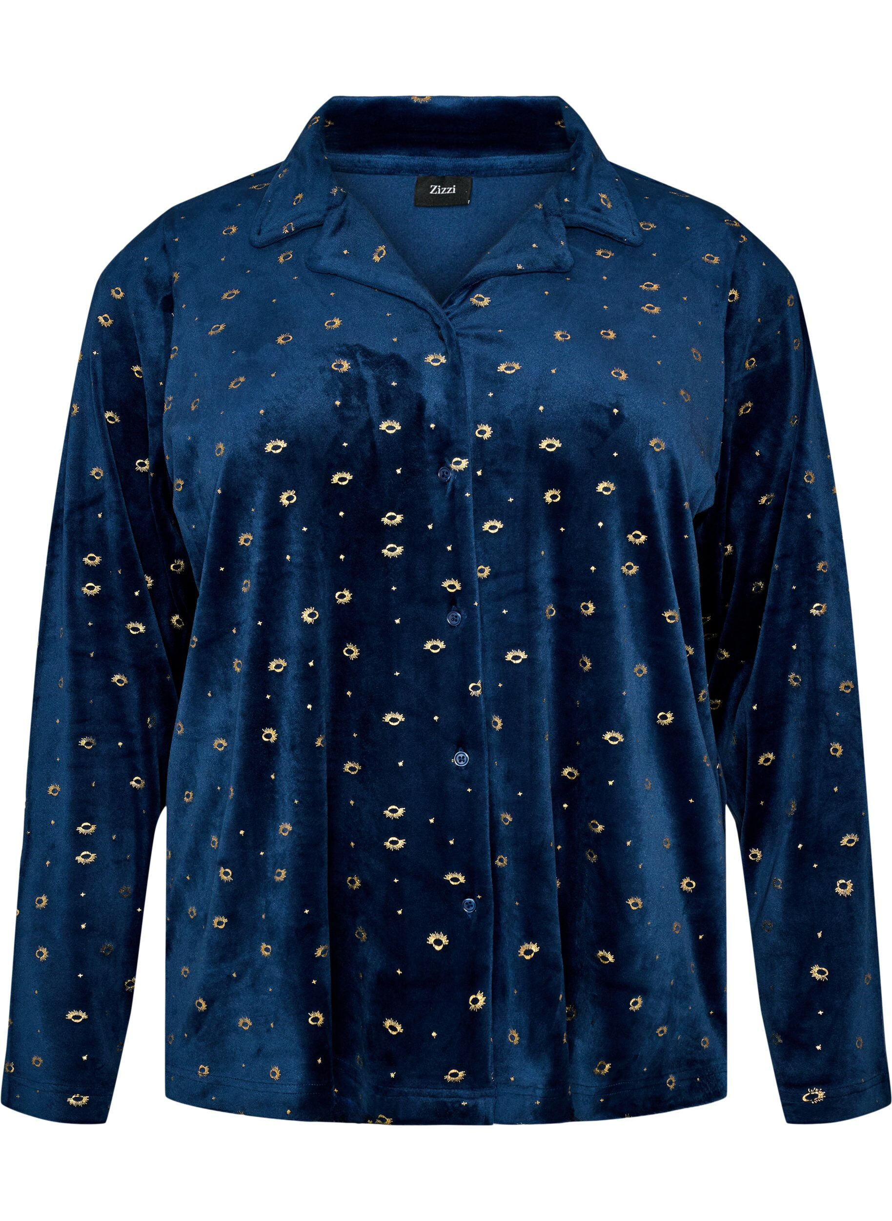 ZizziVelour pyjamas-skjorte med all-over trykk, Bl&aring;, Packshot image number 0