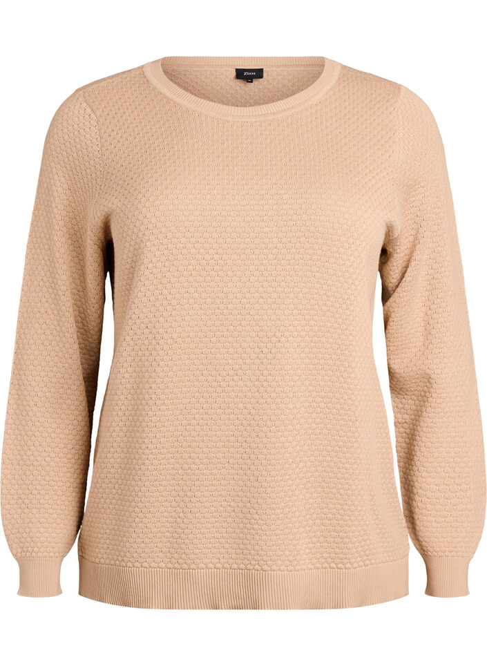 Strikkebluse i bomull med strukturmønster, Beige, Packshot image number 0