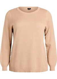 Strikkebluse i bomull med strukturmønster, Beige Strikkebluse i bomull med strukturmønster
