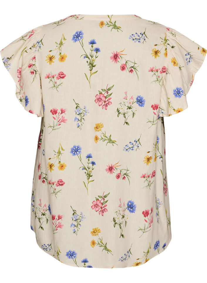 Bluse i viskose og lin med volangermer, Beige, Packshot image number 1
