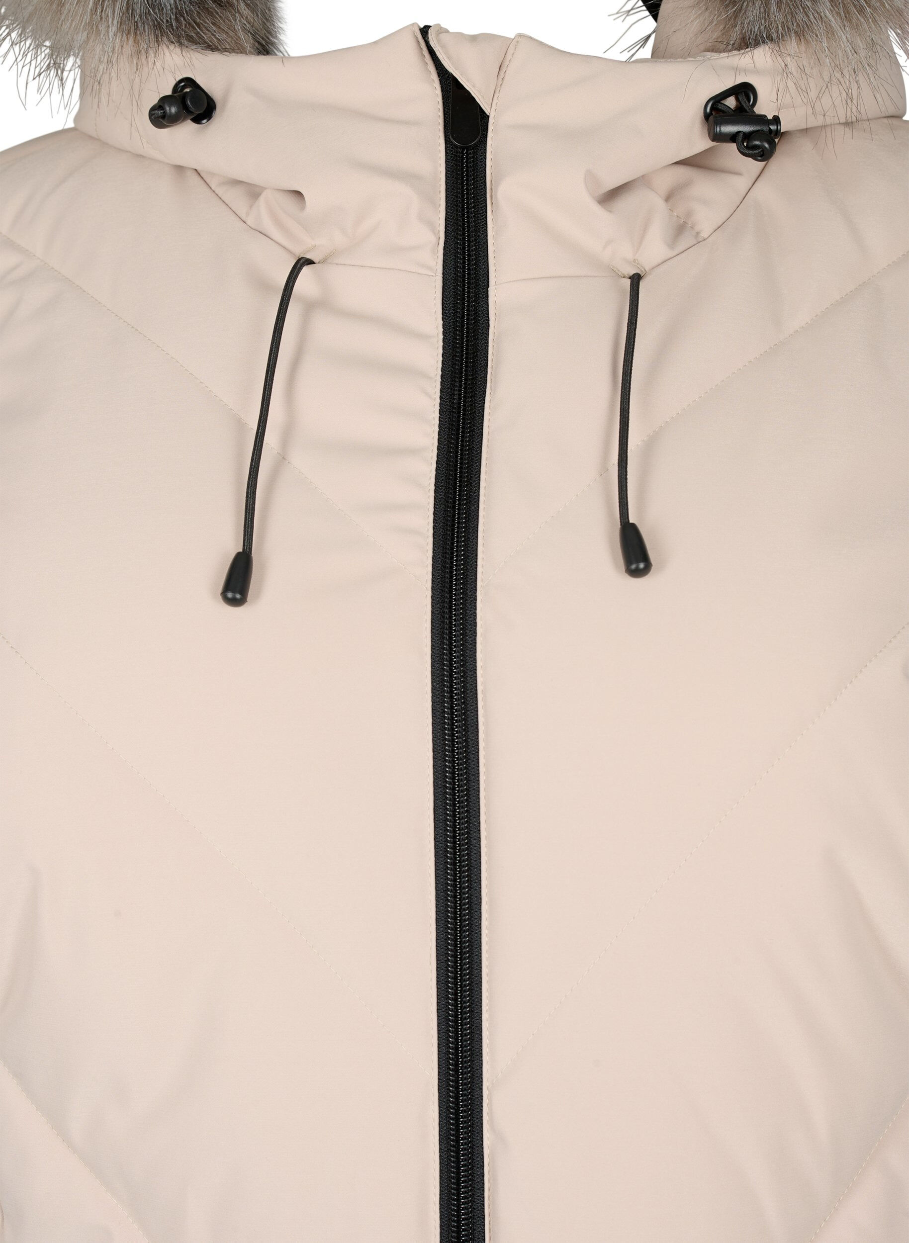 ZizziLang vinterk&aring;pe med kroklukking og en imitert pelskrage, Beige, Packshot image number 2