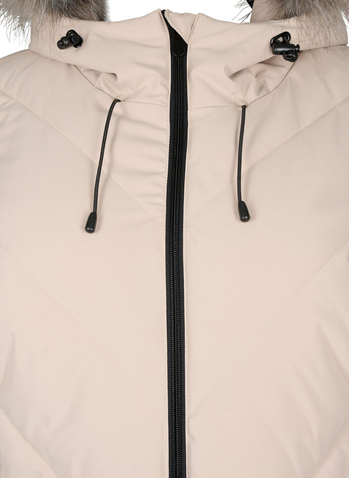 Lang vinterk&aring;pe med kroklukking og en imitert pelskrage, Beige, Packshot image number 2