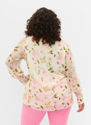 Blomstrete bluse med lange ermer og V-hals, White/Pink Flower, Model image number 1