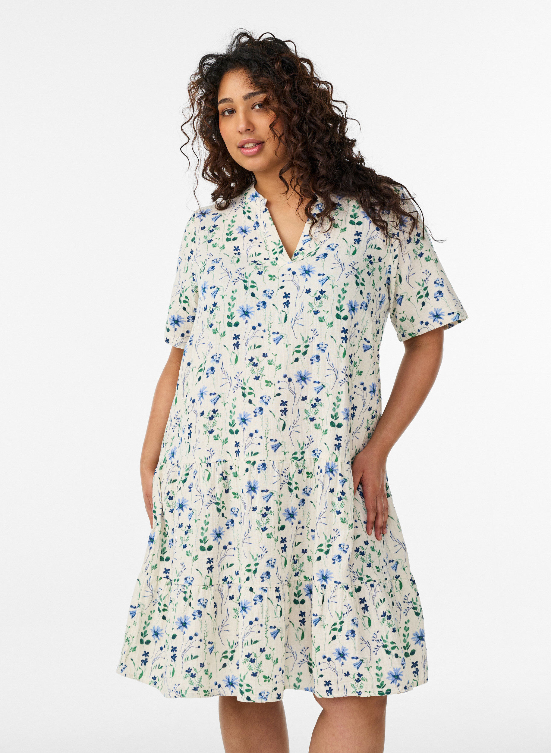 Zizzi Kort A-linjekjole i bomullsmuslin, Beige, Model image number 0