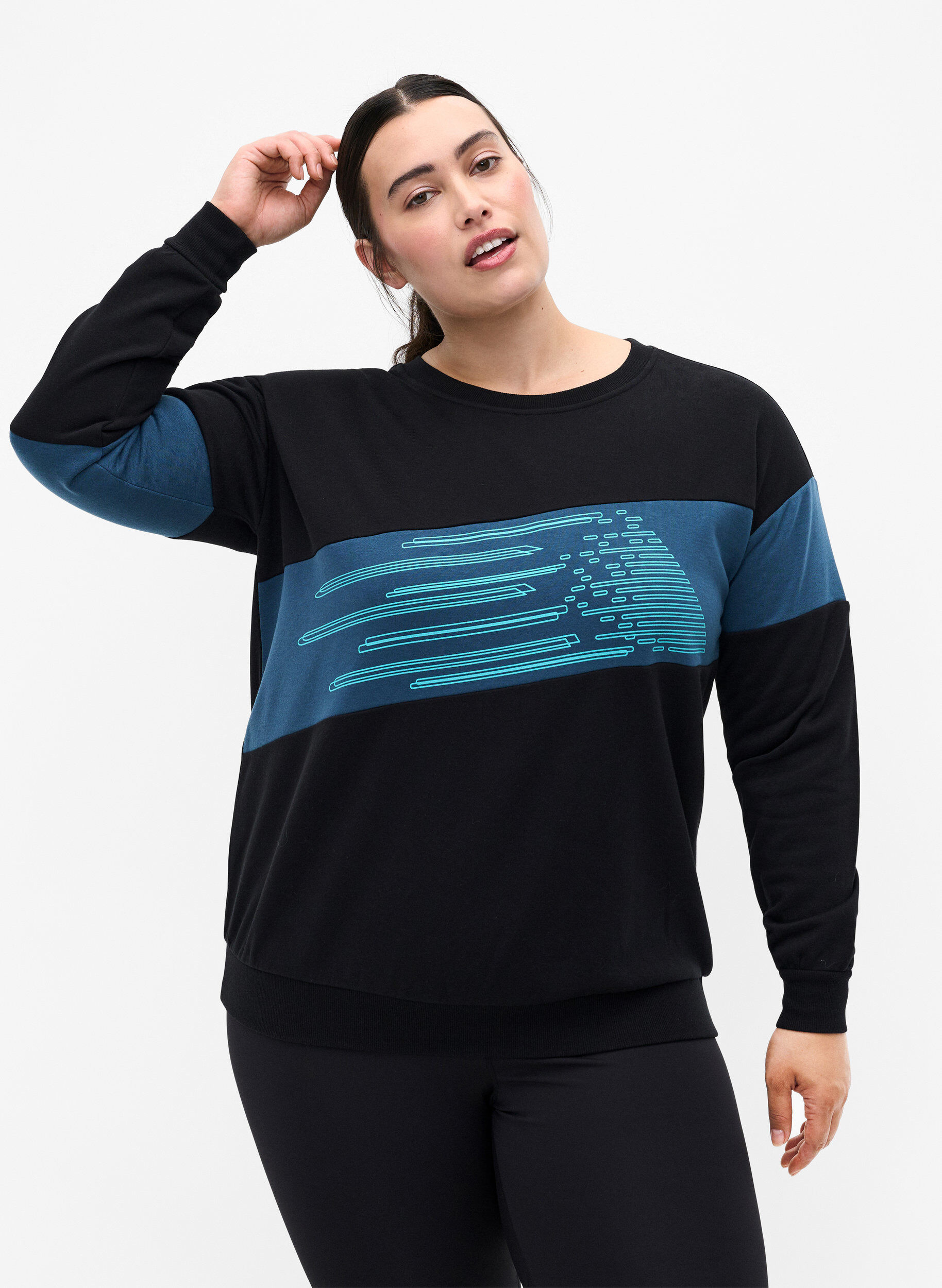 Zizzi Sweatshirt med sporty print, Black Comb, Model image number 0