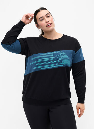 Zizzi Sweatshirt med sporty print, Black Comb, Model image number 0