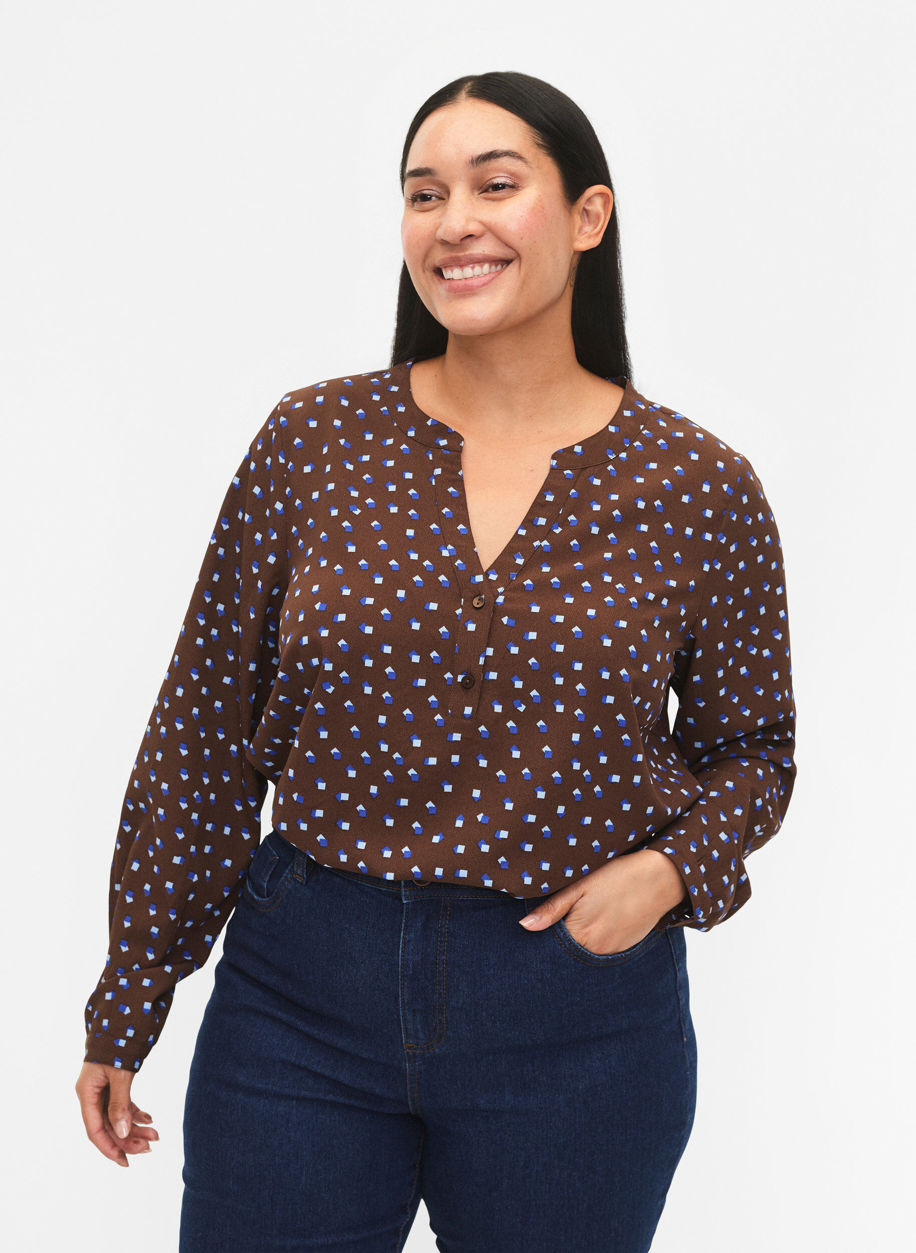 Zizzi FLASH - bluse med lange ermer og trykk, Chicory Coffee AOP, Model image number 0