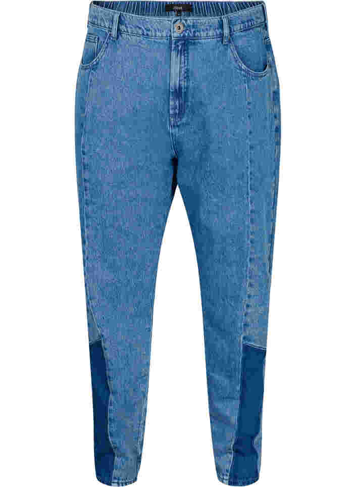 Cropped Mille mom jeans med colorblock, Blue denim, Packshot