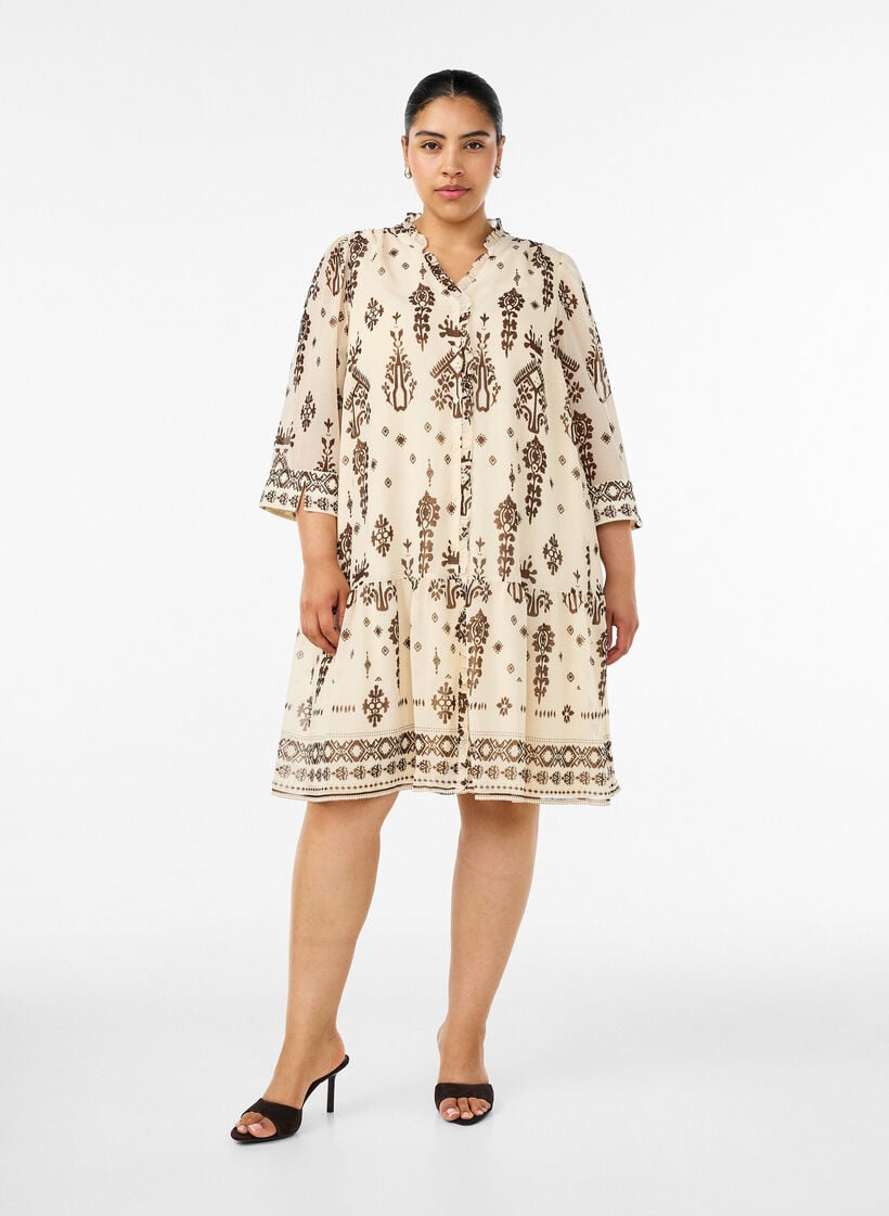 Kjole med ornamentm&oslash;nster og krage med rysjer, Beige, Model image number 1