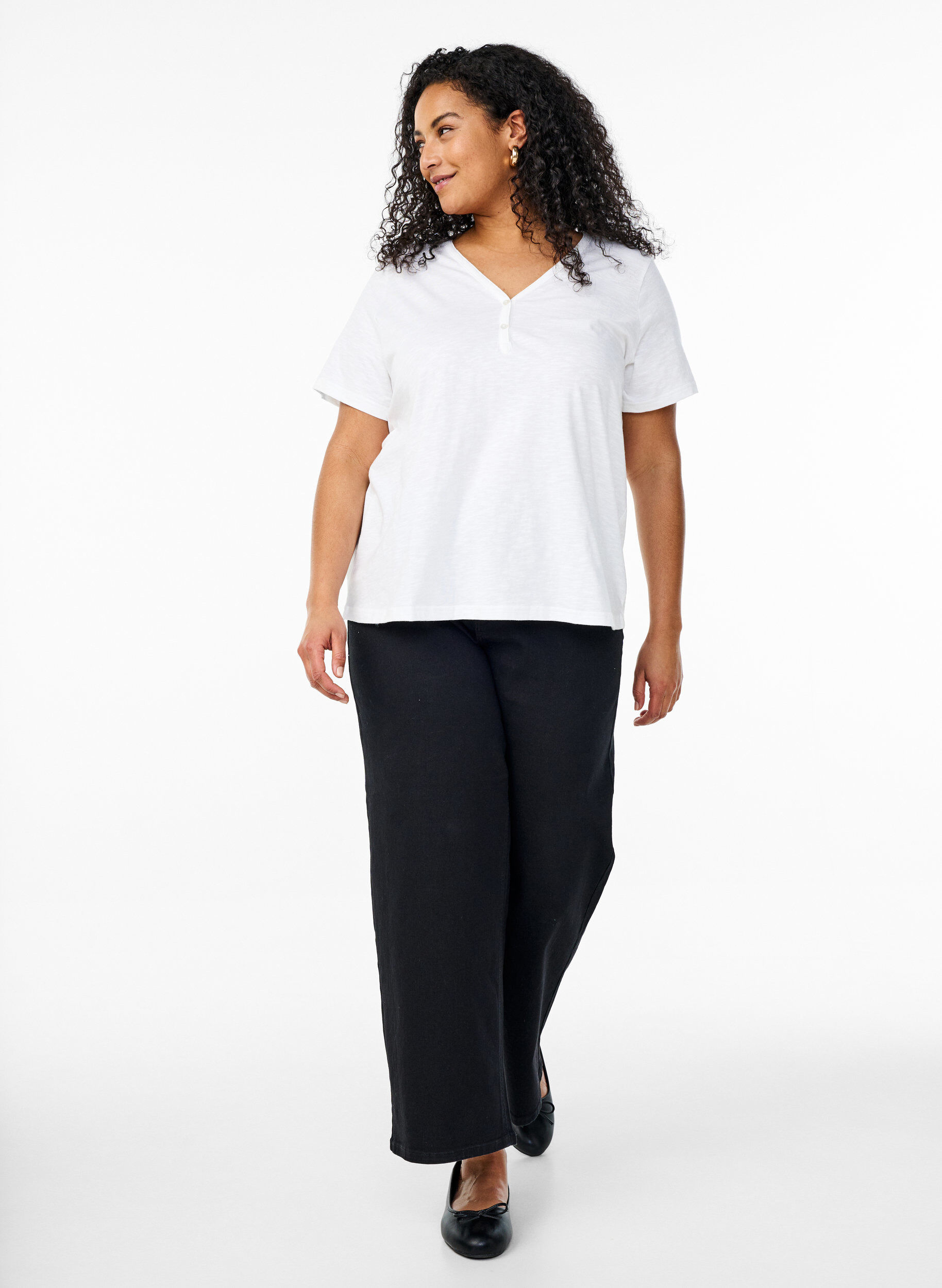 Zizzi FLASH - T-skjorte med knappdetalj, Hvit, Model image number 1