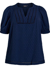 Bluse med korte puff ermer og prikkete tekstur, Navy Blazer Bluse med korte puff ermer og prikkete tekstur