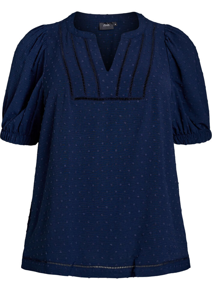 Bluse med korte puff ermer og prikkete tekstur, Navy Blazer, Packshot image number 0