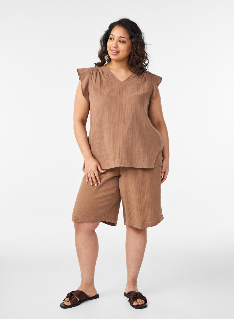 Loose fit bomullsmusselinshorts med h&oslash;y midje, Brun, Model image number 1