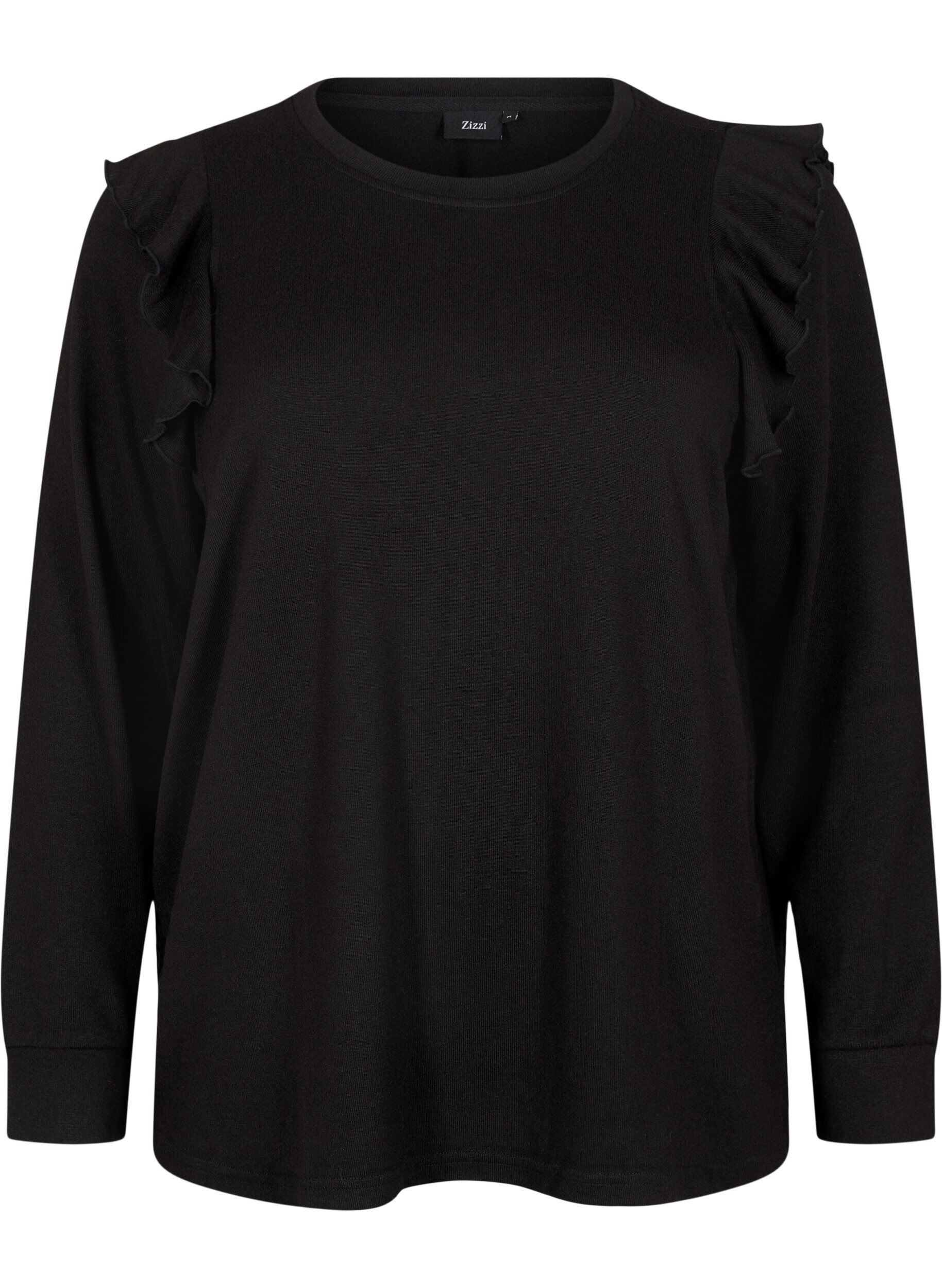 Zizzi Langermet bluse med volangdetaljer, Black, Packshot image number 0