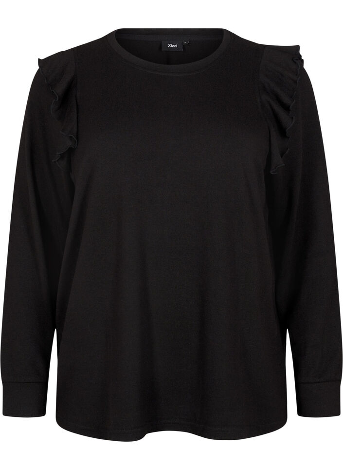 Langermet bluse med volangdetaljer, Black, Packshot image number 0