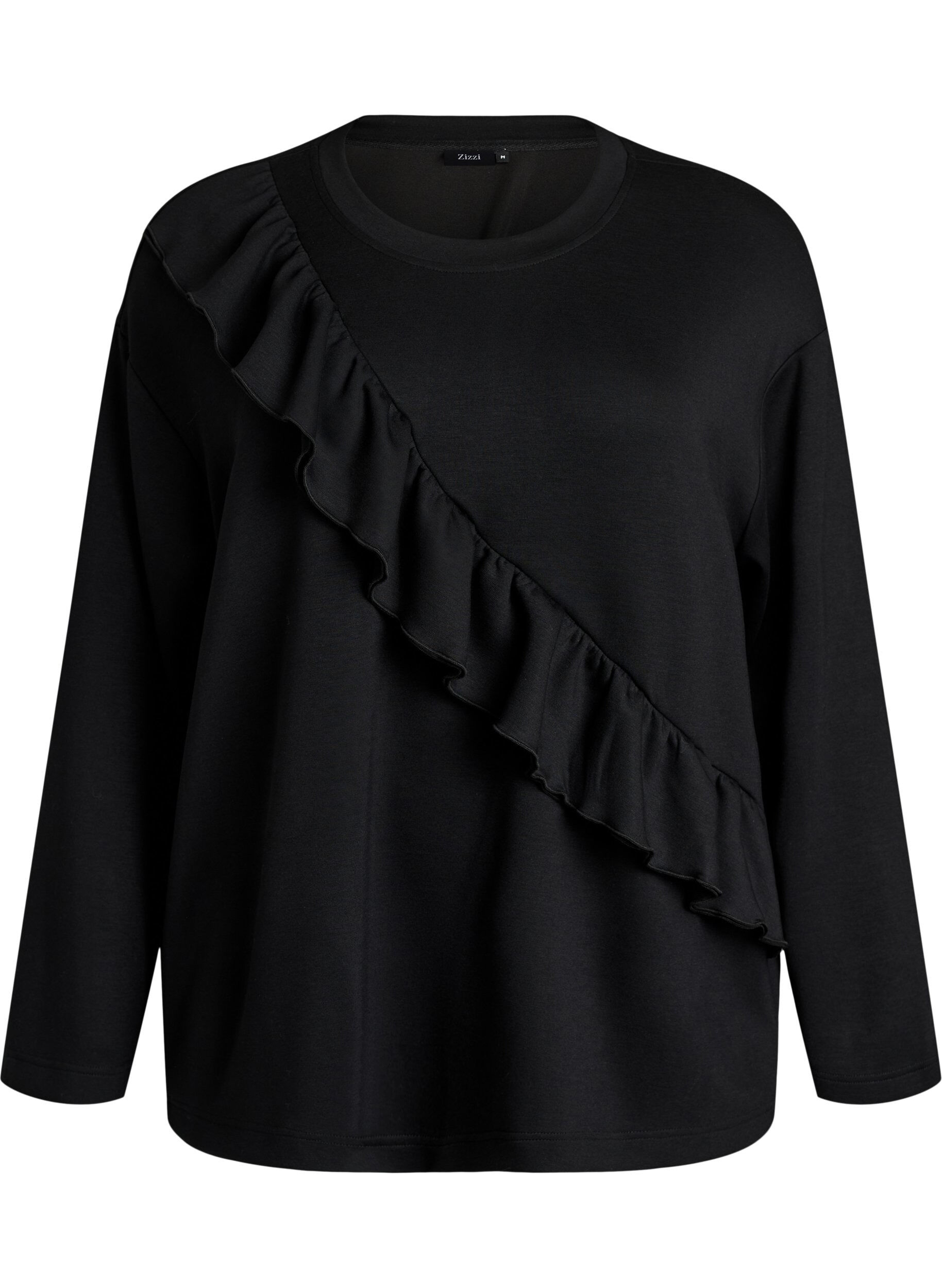 ZizziJersey bluse med diagonal rysjedetalj, Svart, Packshot image number 0