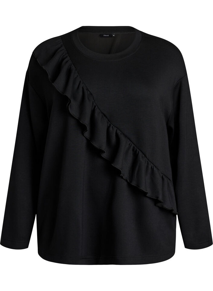 Jersey bluse med diagonal rysjedetalj, Svart, Packshot image number 0