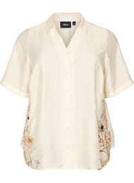 Bluse med albuelange ermer og blomsterdetaljer, Beige