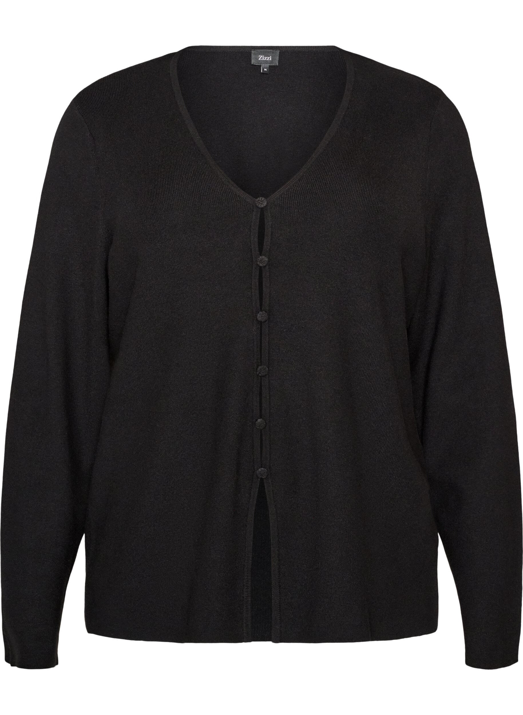 ZizziFinstrikket cardigan med stoffdekte knapper, Svart, Packshot image number 0