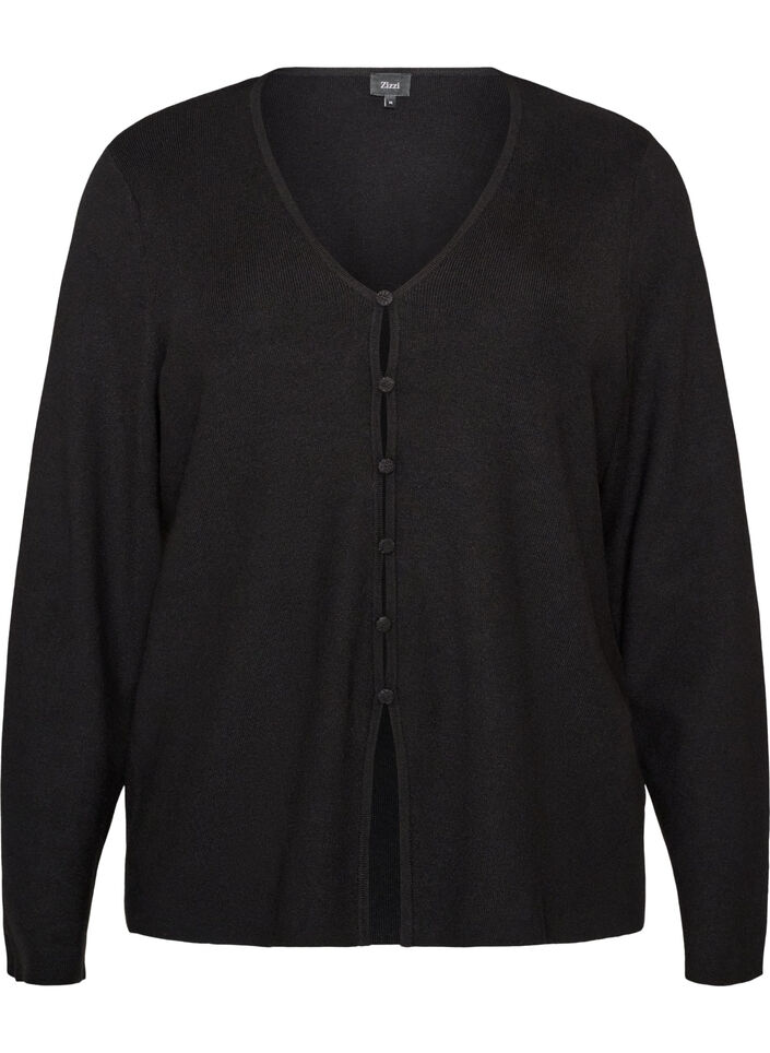 Finstrikket cardigan med stoffdekte knapper, Svart, Packshot image number 0