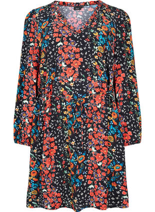 Blomstrete kjole viskosemateriale, Black Flower, Packshot image number 0