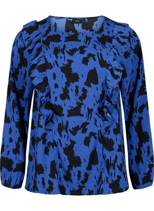 Bluse med lange ermer og volanger, Black Blue AOP, Packshot image number 0