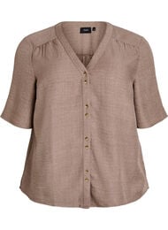 Skjortebluse med V-hals eog korte ermer, Brun
