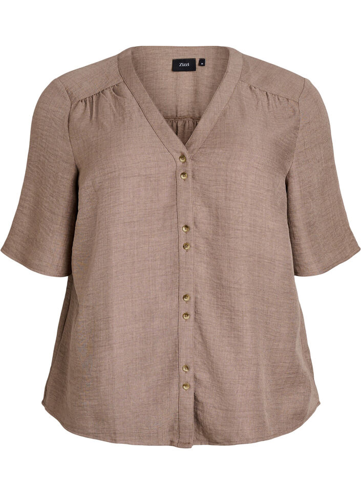 Skjortebluse med V-hals eog korte ermer, Brun, Packshot image number 0