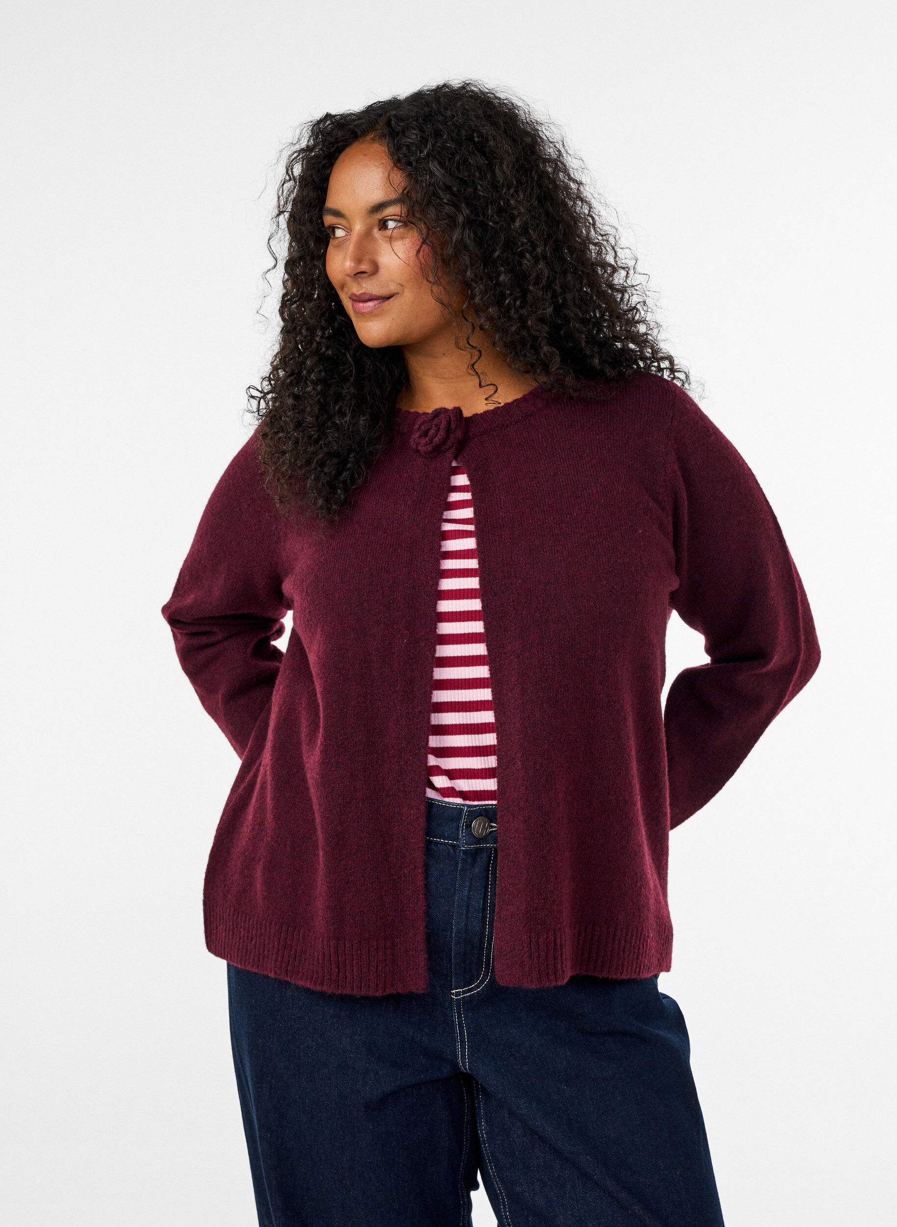 ZizziStrikket cardigan med blomsterdetaljer, M&oslash;rk Bordeaux, Model image number 0
