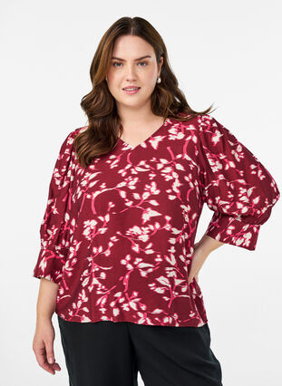 Zizzi Bluse med V-hals og 3/4-ermer, Rød, Model image number 0
