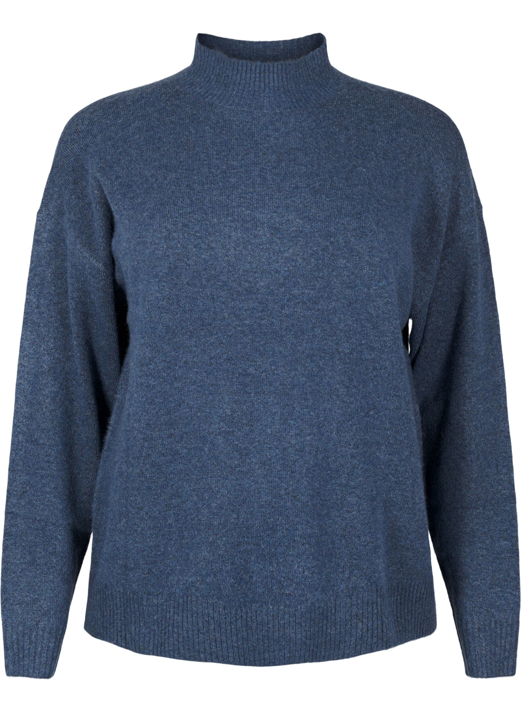 Zizzi Strikket ullbluse med h&oslash;y hals, Bering Sea Mel., Packshot image number 0