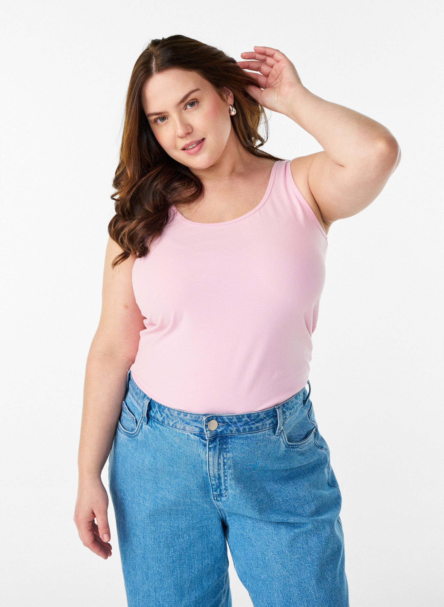 Ensfarget basic topp i bomull, Rosa, Model