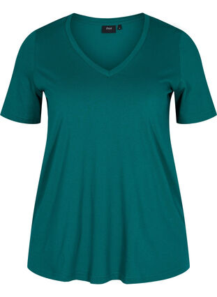 T-skjorte i organisk bomull med V-hals, Teal Green, Packshot image number 0