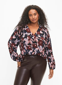 Skjortebluse med v-hals og trykk, Black R. Flower AOP, Model