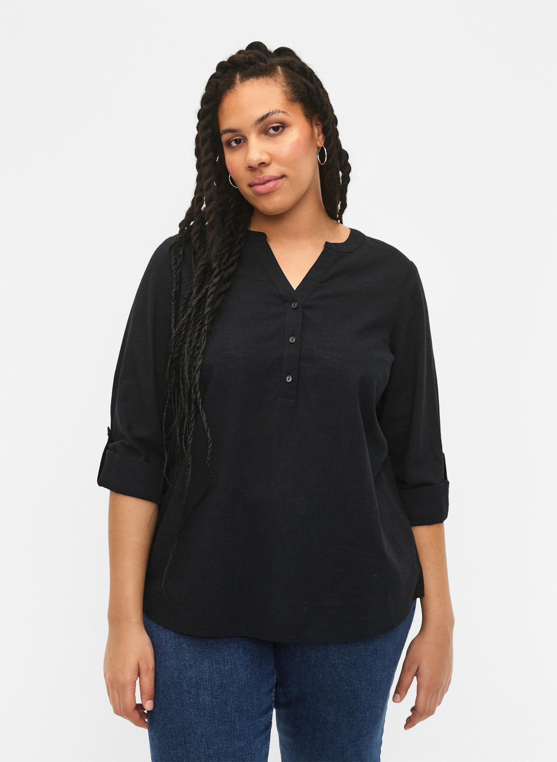 Zizzi Bomullsbluse med V-hals, Black, Model image number 0