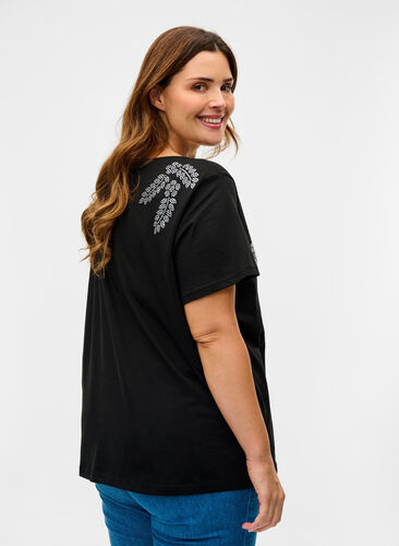 Kortermet T-skjorte i bomull med dekorativ strass, Black Stone, Model image number 1
