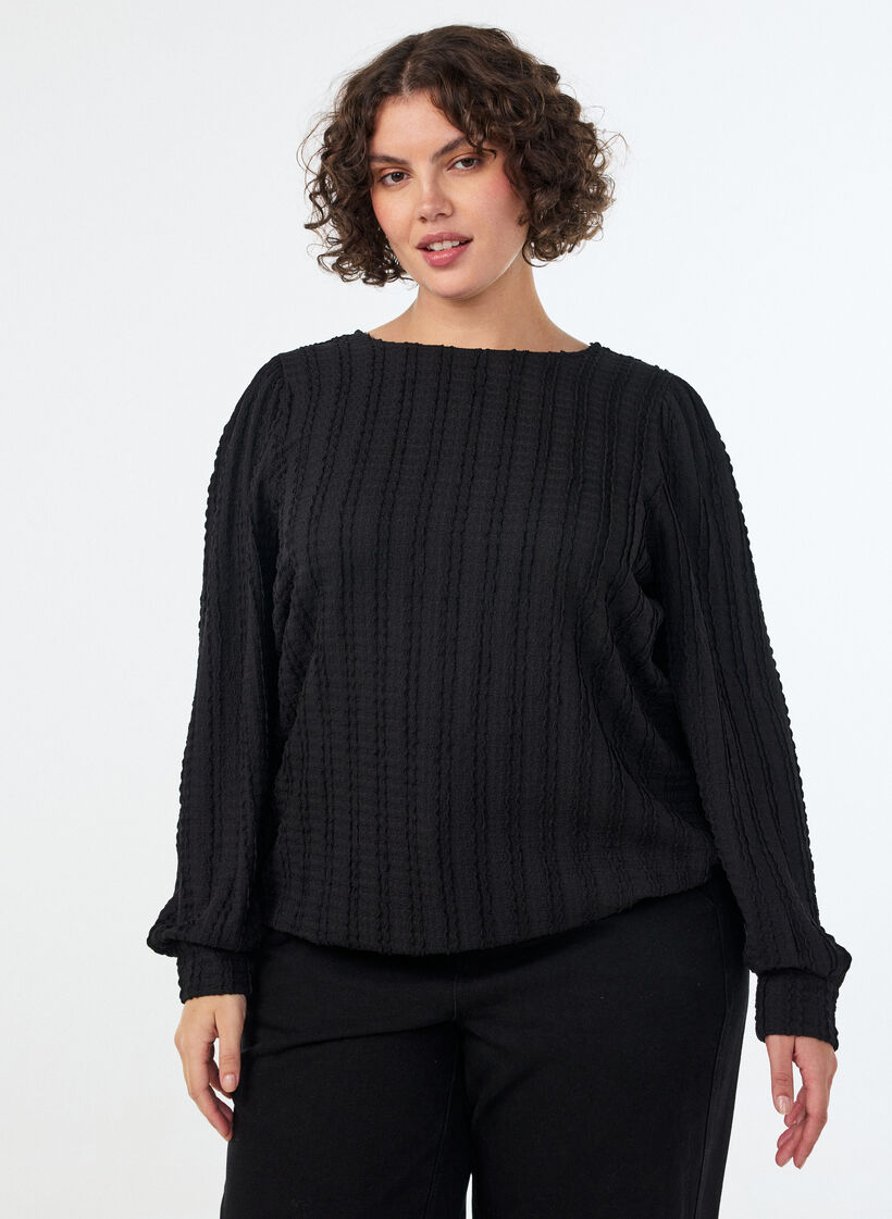 Jerseybluse med struktur og ballongsilhuett, Svart, Model image number 0
