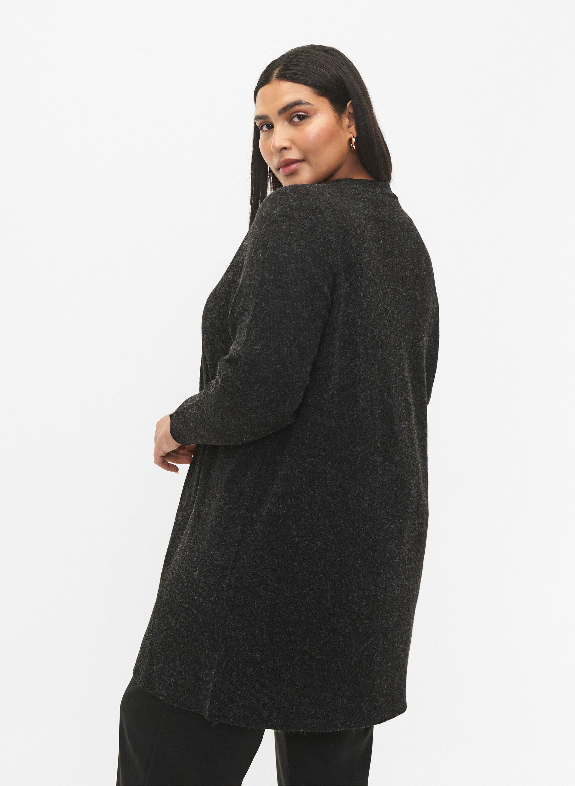 Zizzi Lang cardigan med &aring;pen front, Dark Grey Melange, Model image number 1