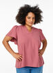 Bluse med korte volangermer og V-hals, Rosa, Model image number 0