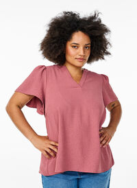 Bluse med korte volangermer og V-hals, Rosa Bluse med korte volangermer og V-hals, Rosa, Model