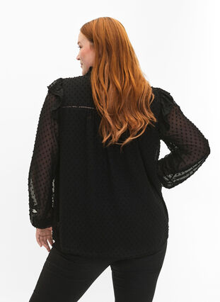 Skjortebluse med volanger og prikkete tekstur, Black, Model image number 1