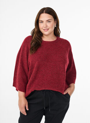 Zizzi Ribbestrikket genser med 3/4 ermer, Rød, Model image number 0